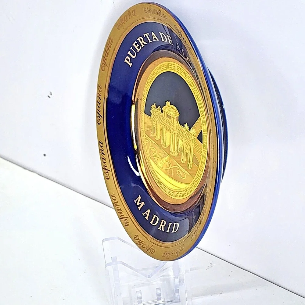 Puerta De Alaca Madrid Spain España 24k Gold Plated Cobalt Blue Souvenir Plate